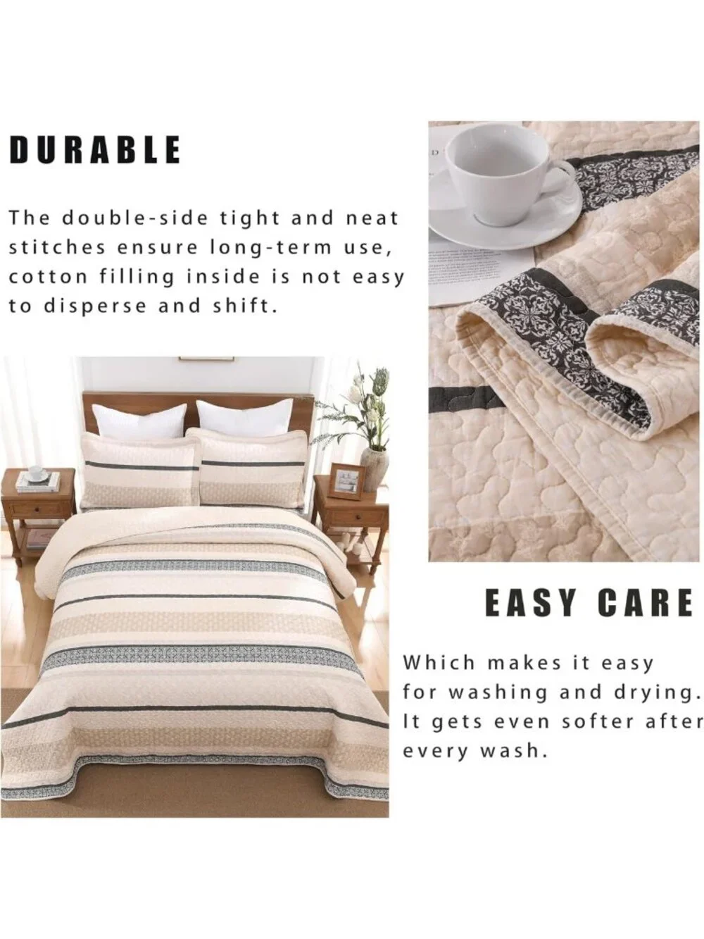 Reversible King Size Comforter Set - Lightweight Beige & Grey Striped Bedding, 2